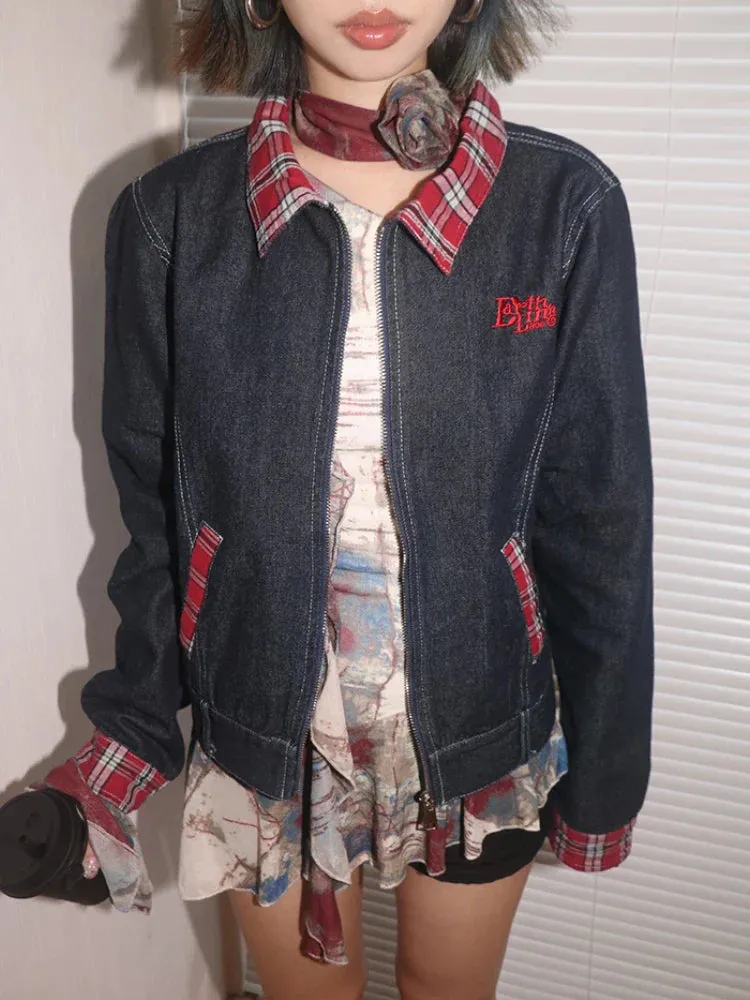 Black Friday Joskaa Denim Blue Jeans Jackets for Women Plaid Turndown Collar Long Sleeve Coat Retro Embroidery Autumn Winter Vintage Clothes