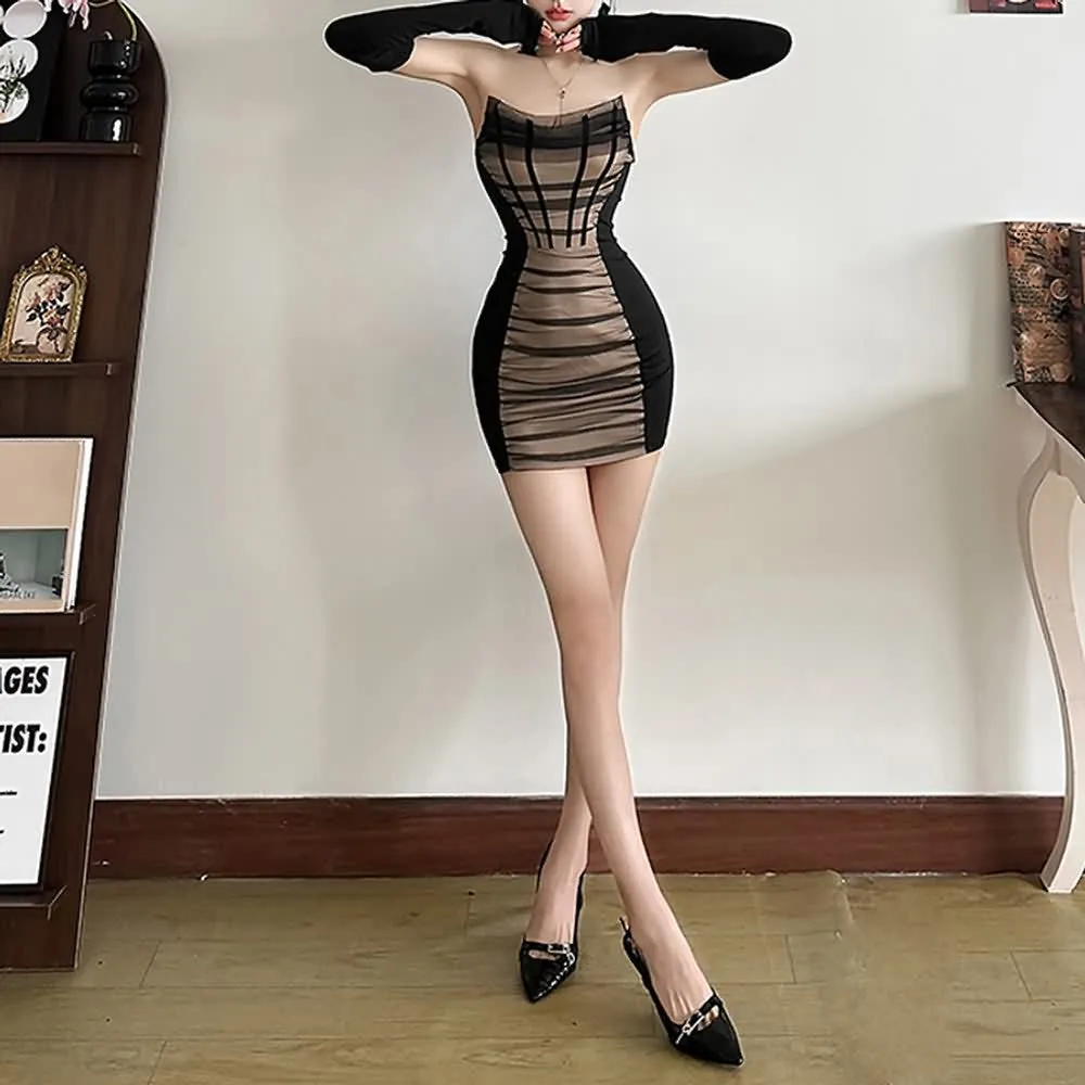 Black Strapless Sheer Mesh Bodycon Mini Dress