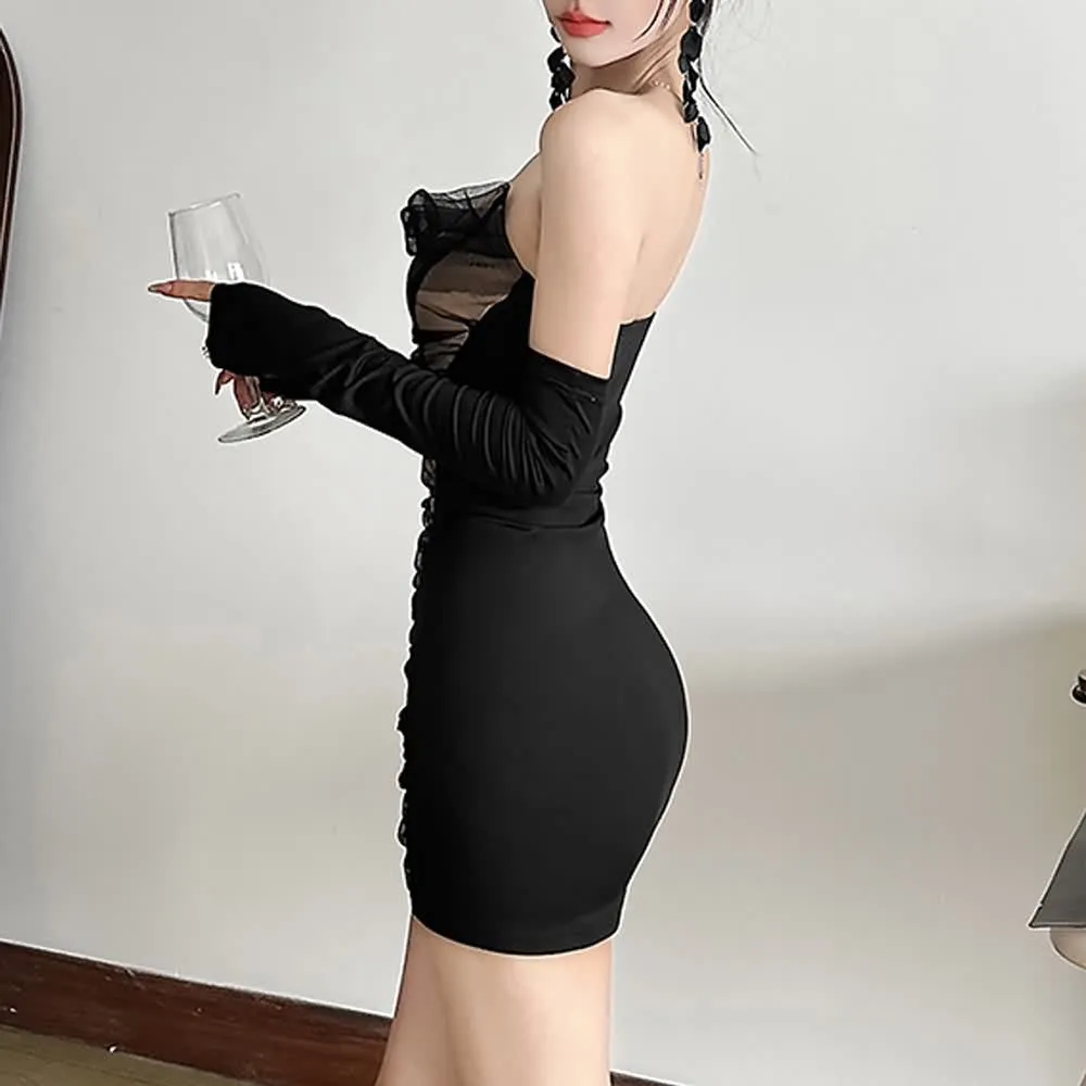 Black Strapless Sheer Mesh Bodycon Mini Dress