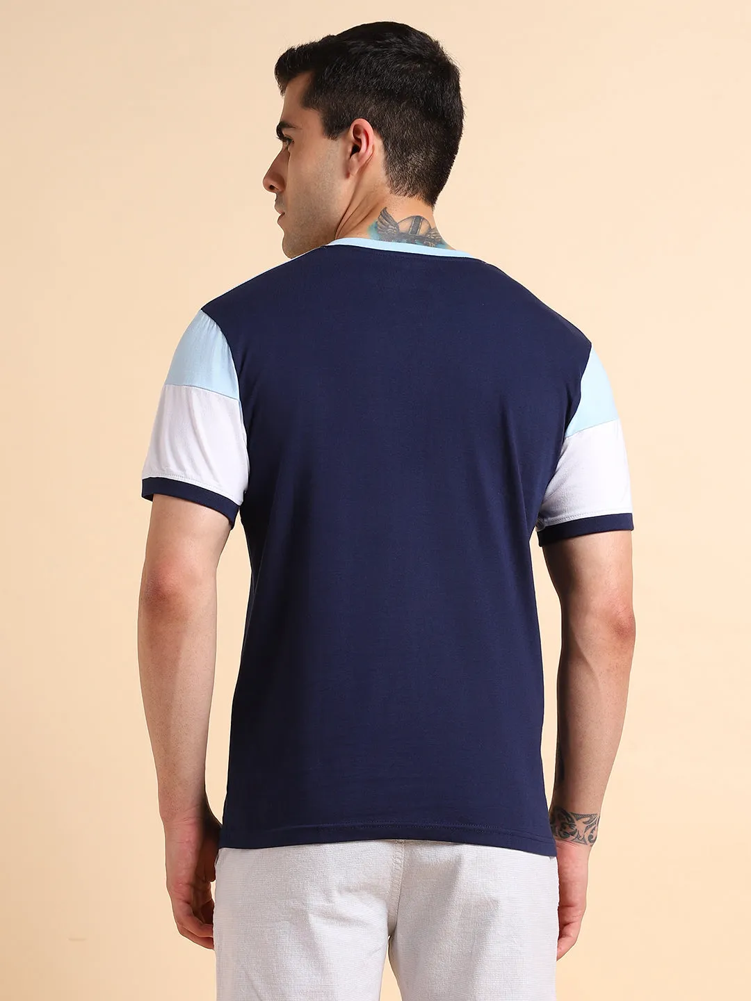 Dennis Lingo Colourblocked Henley Neck Pure Cotton Slim Fit T-shirt