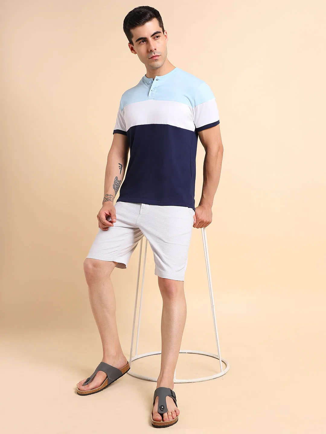 Dennis Lingo Colourblocked Henley Neck Pure Cotton Slim Fit T-shirt