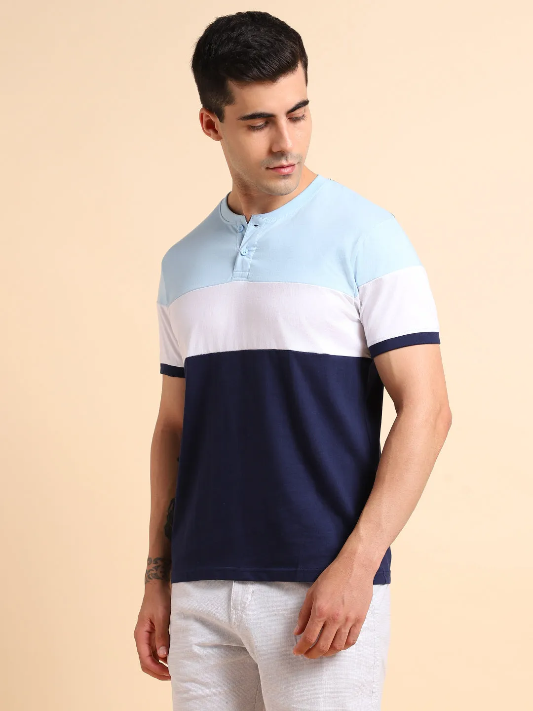 Dennis Lingo Colourblocked Henley Neck Pure Cotton Slim Fit T-shirt