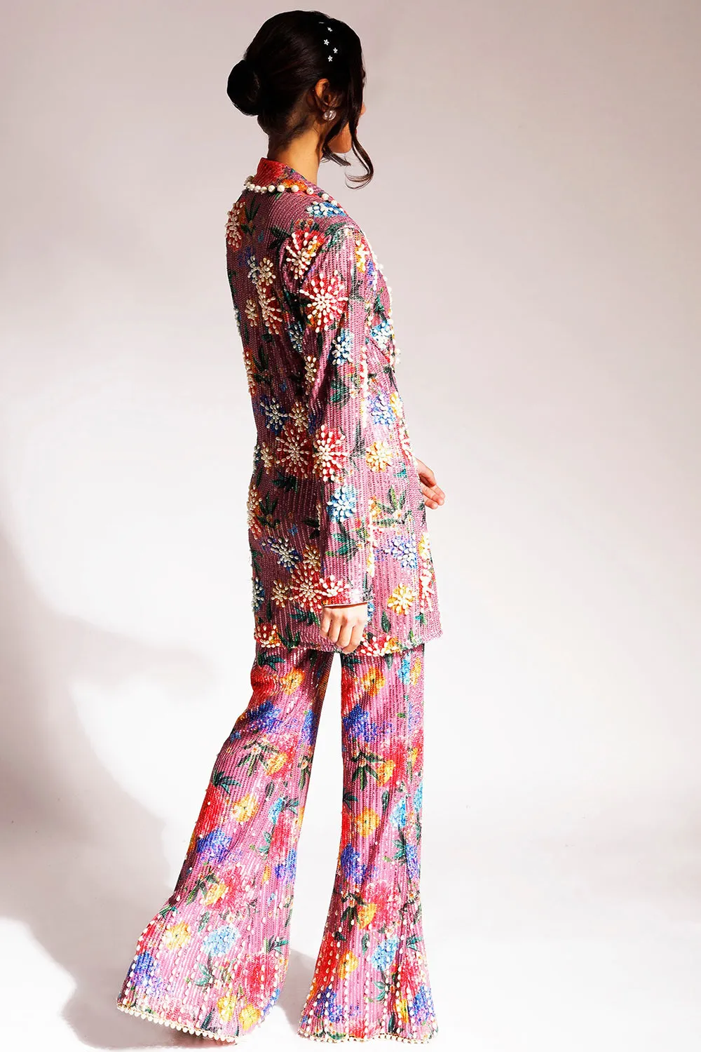 Embroidered Onion Pink Blazer Set In Net & Satin