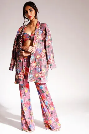 Embroidered Onion Pink Blazer Set In Net & Satin