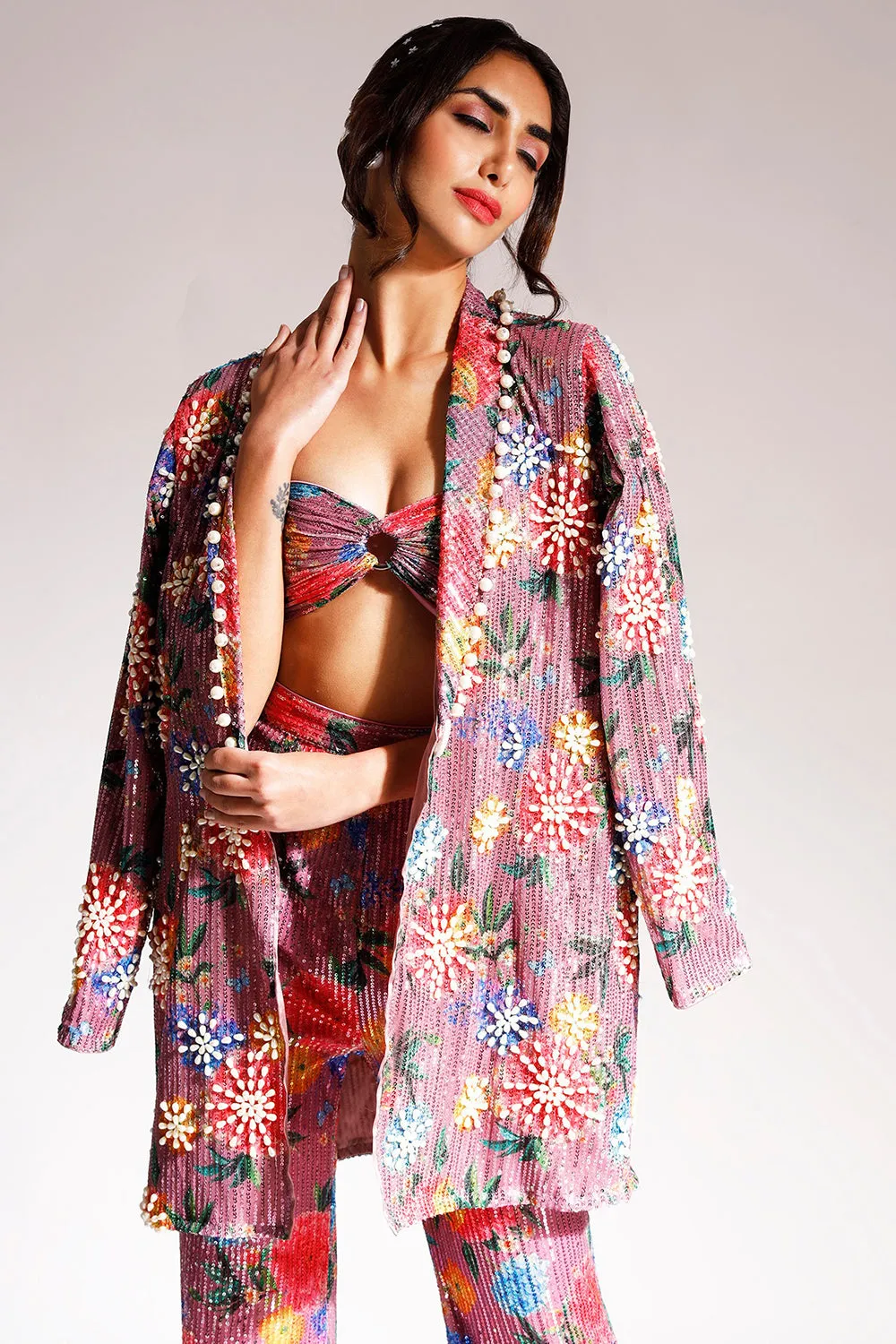 Embroidered Onion Pink Blazer Set In Net & Satin