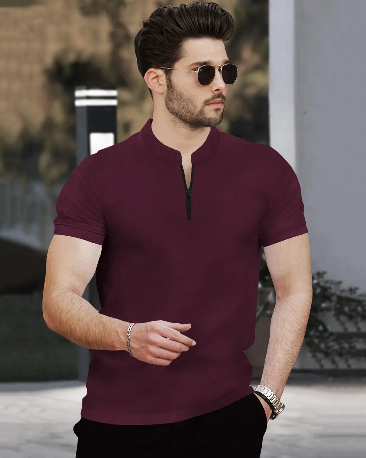 Half Sleeve Henley Neck Zip Type Plain T-shirt / Maroon