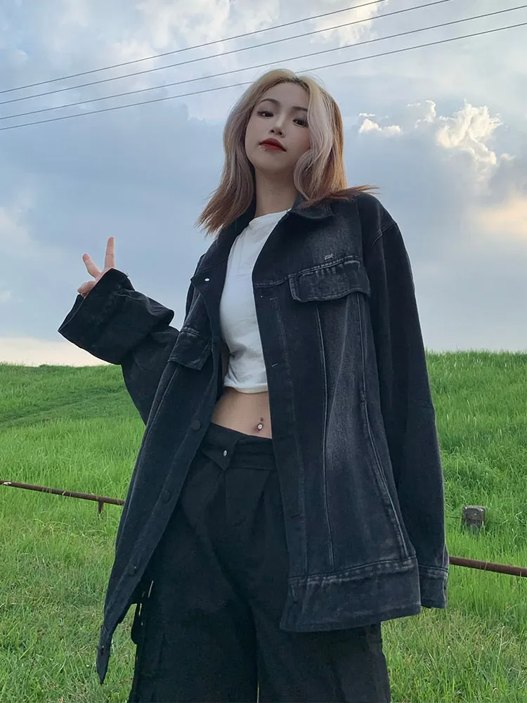 Joskaa Tawaaiw Denim Coat Women Long Sleeve Korean Style Y2K Autumn Spring Black Jaket Jeans Woman Tops Lady Outerwear Vintage 2024