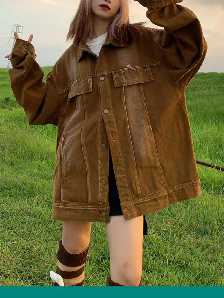 Joskaa Tawaaiw Denim Coat Women Long Sleeve Korean Style Y2K Autumn Spring Black Jaket Jeans Woman Tops Lady Outerwear Vintage 2024