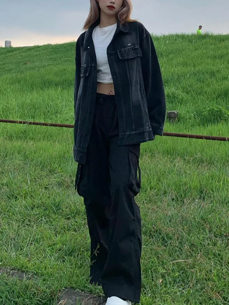 Joskaa Tawaaiw Denim Coat Women Long Sleeve Korean Style Y2K Autumn Spring Black Jaket Jeans Woman Tops Lady Outerwear Vintage 2024
