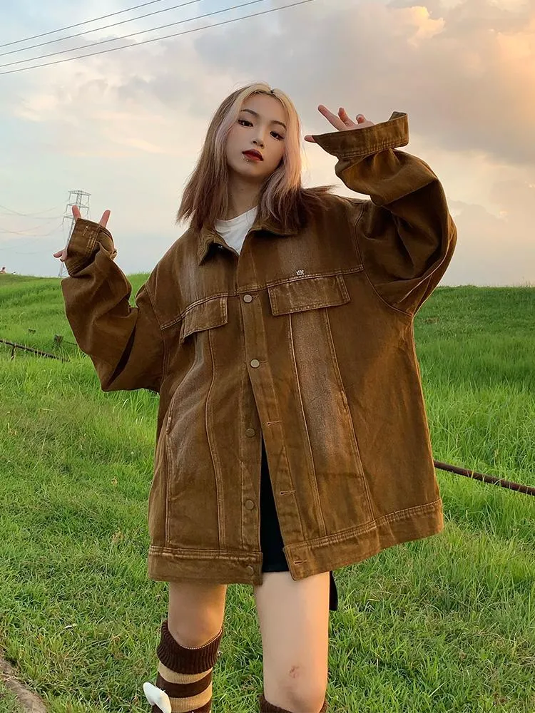 Joskaa Tawaaiw Denim Coat Women Long Sleeve Korean Style Y2K Autumn Spring Black Jaket Jeans Woman Tops Lady Outerwear Vintage 2024