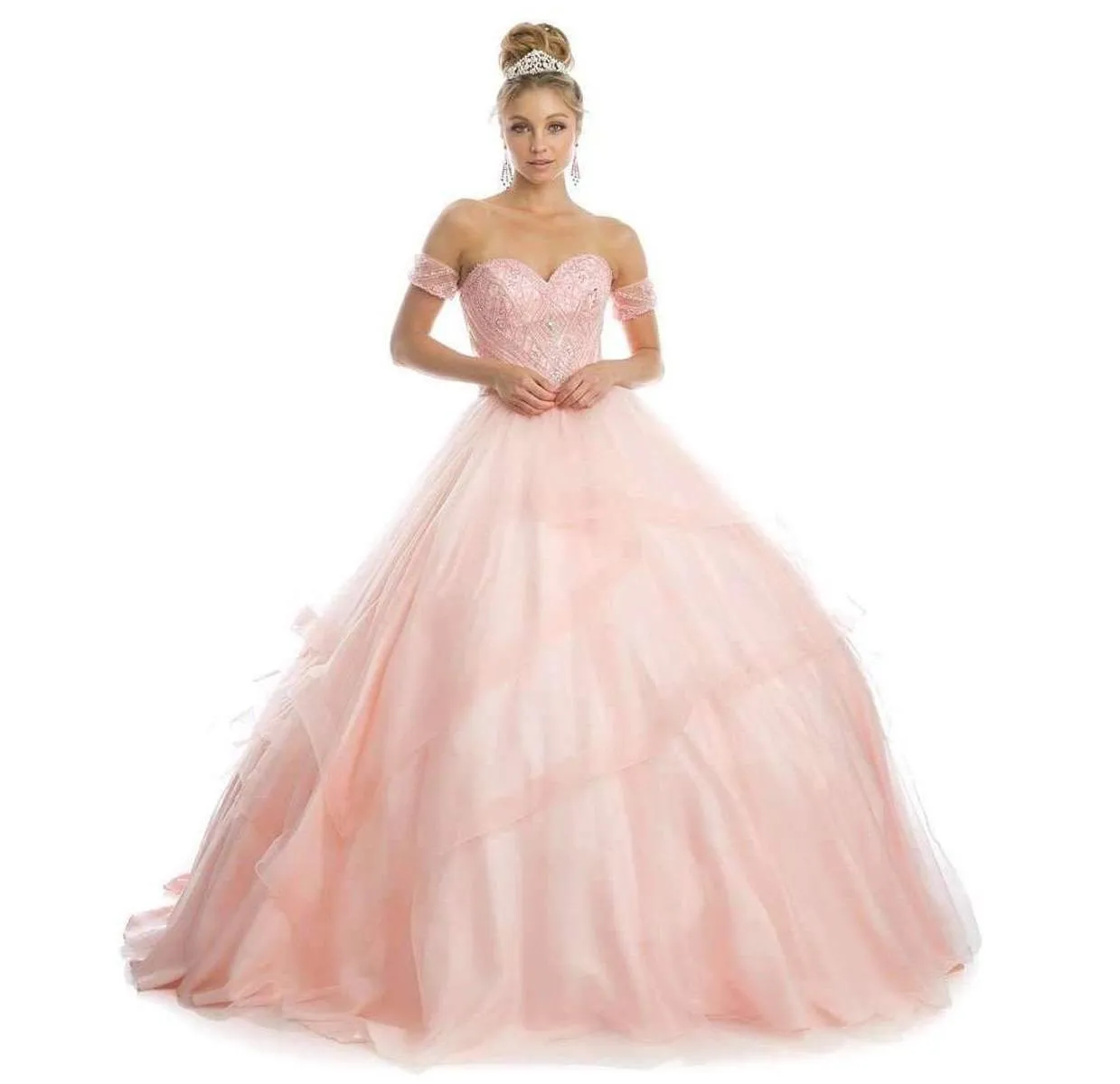 Juliet 1424 Quinceanera Ball Gown Tulle Skirt Arm Bands Beaded Bodice