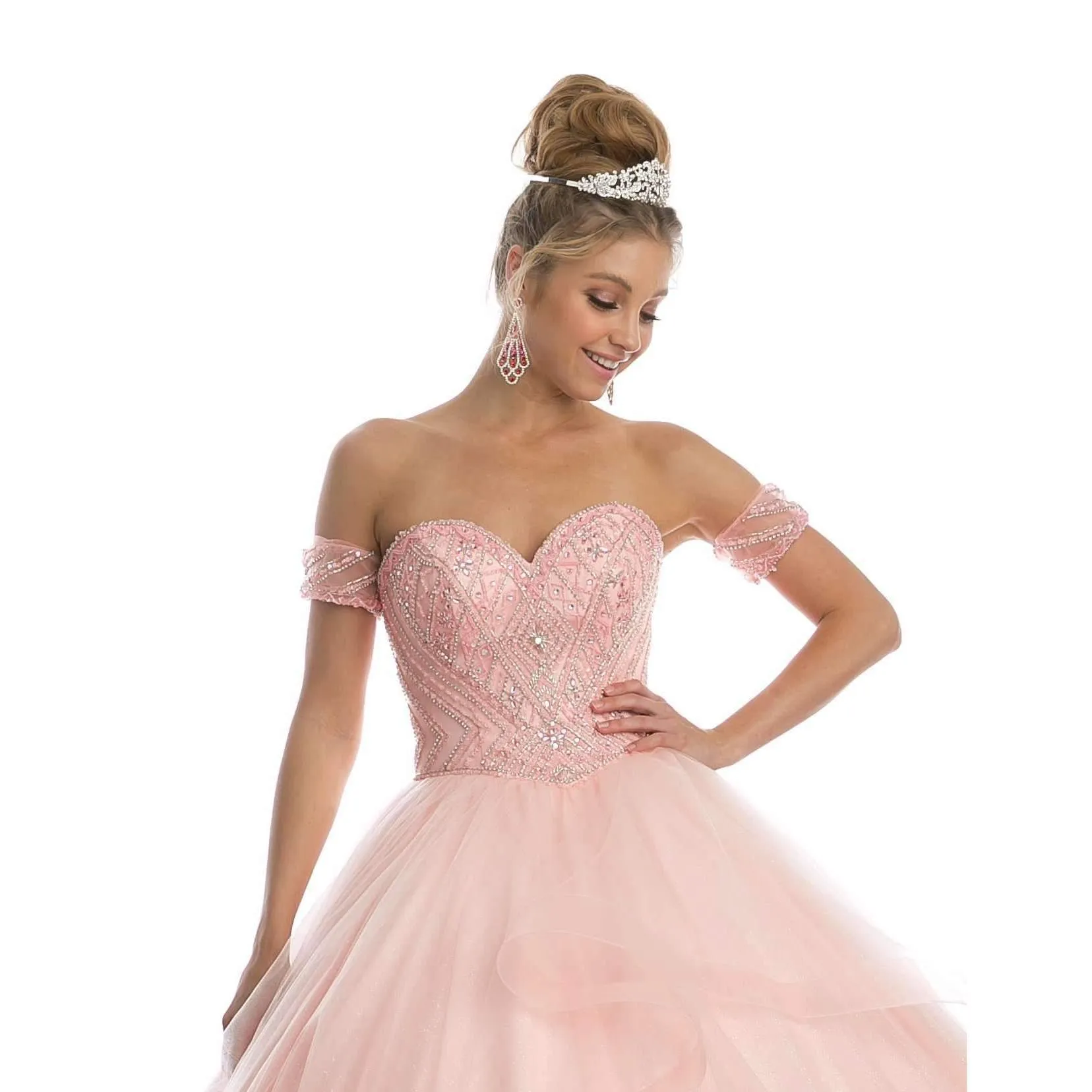 Juliet 1424 Quinceanera Ball Gown Tulle Skirt Arm Bands Beaded Bodice
