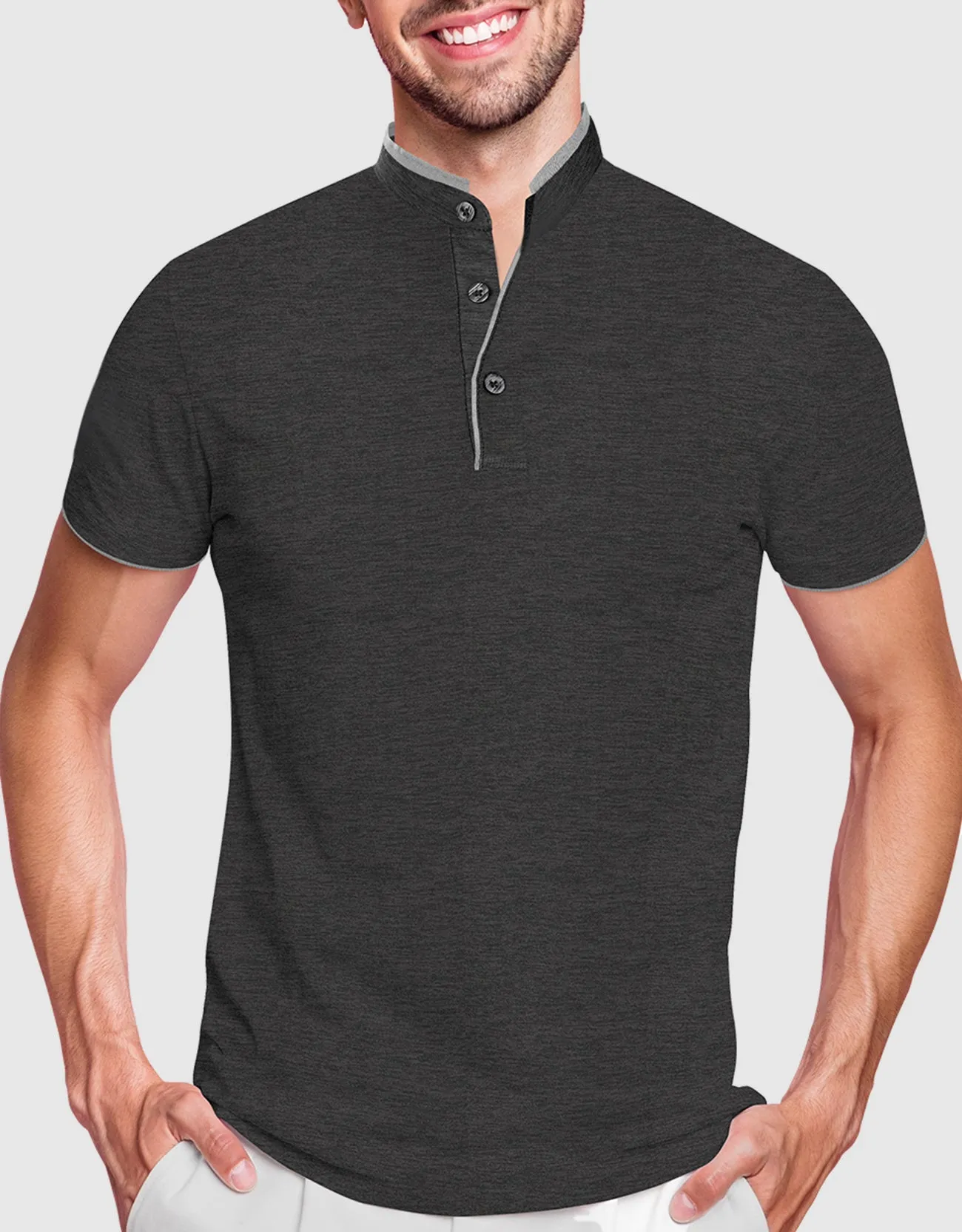 Men's Short Sleeve Henley Polo Shirt with Contrast-Trim