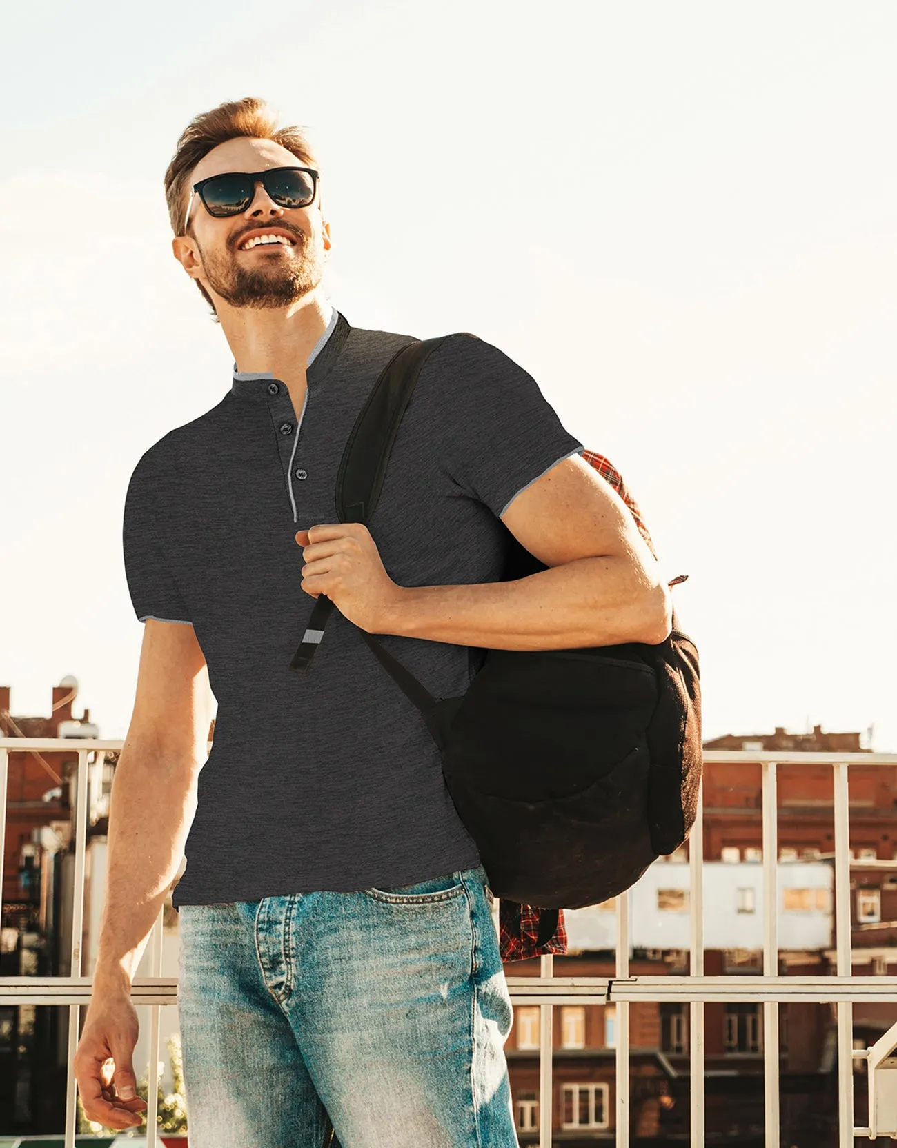 Men's Short Sleeve Henley Polo Shirt with Contrast-Trim