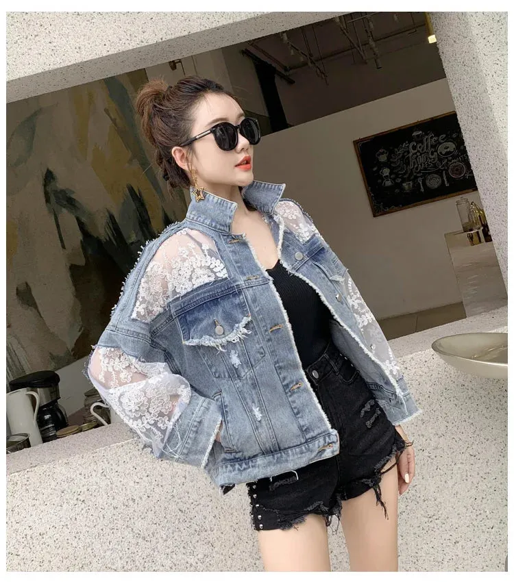 Pircilia Embroidery Lace Patchwork Denim Loose Jeans Coat