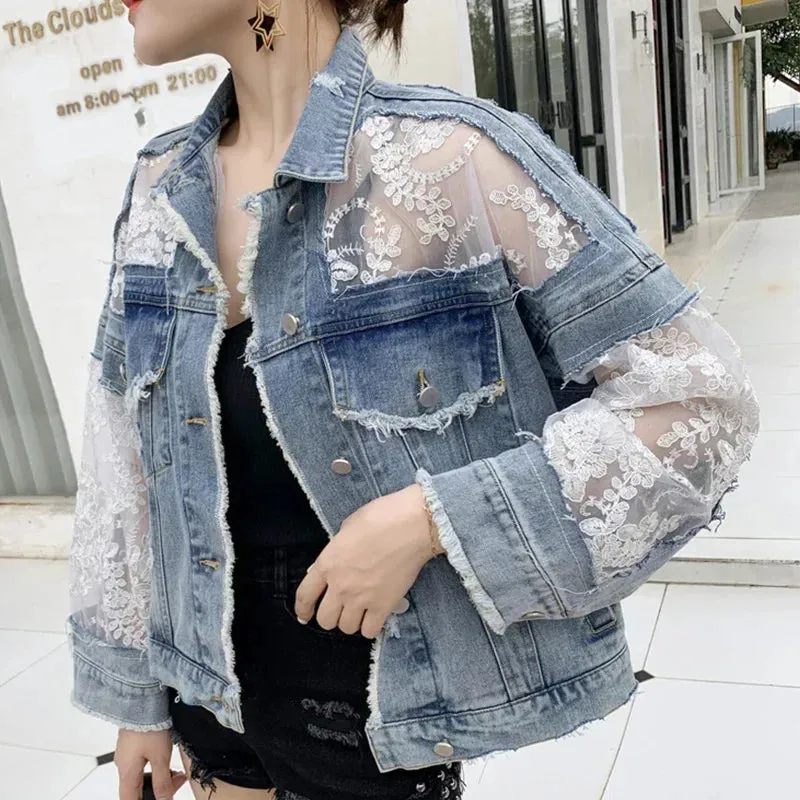 Pircilia Embroidery Lace Patchwork Denim Loose Jeans Coat