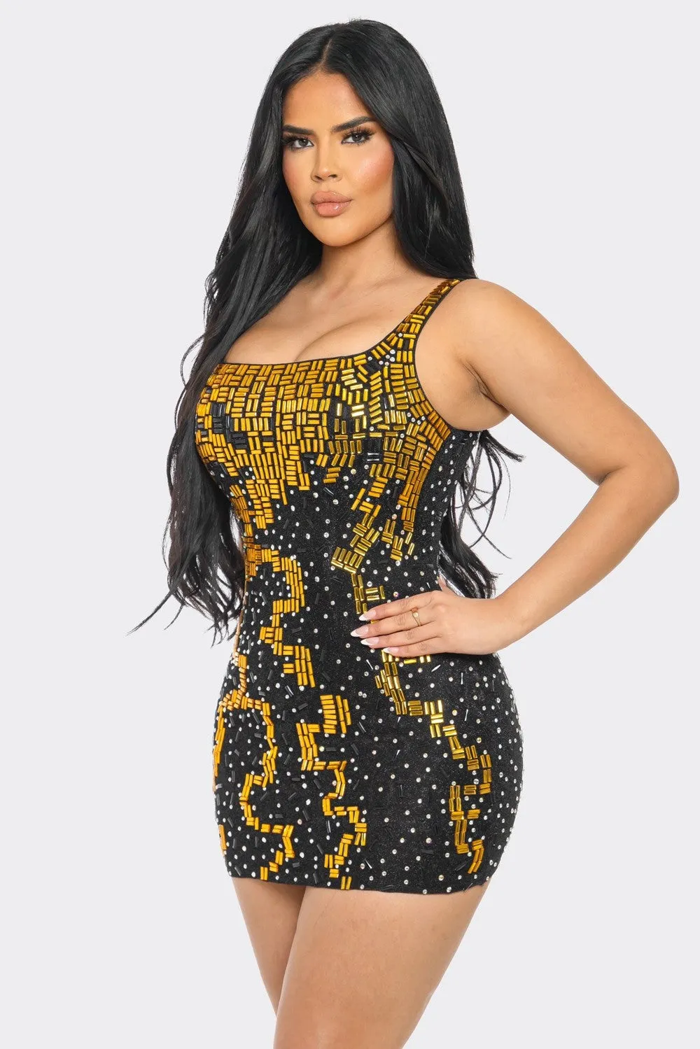 rhinestone & jeweled geo pattern sleeveless dress