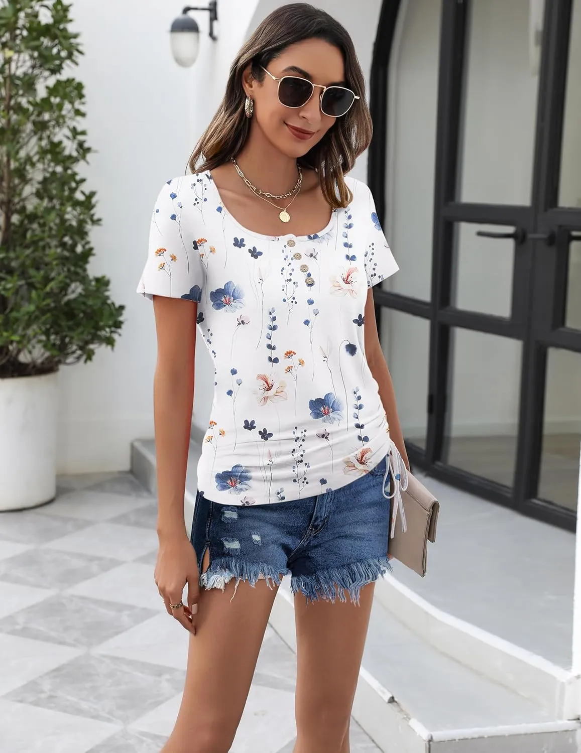 Womens Tops Short Sleeve Summer Henley Shirts