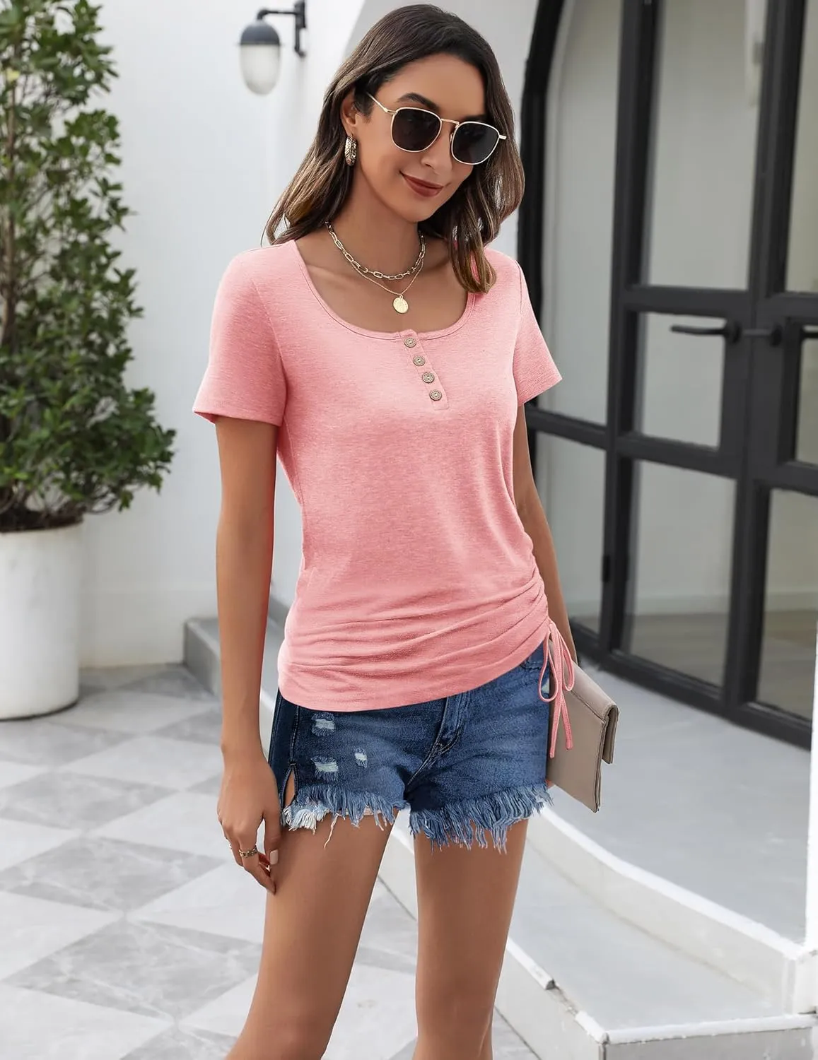 Womens Tops Short Sleeve Summer Henley Shirts
