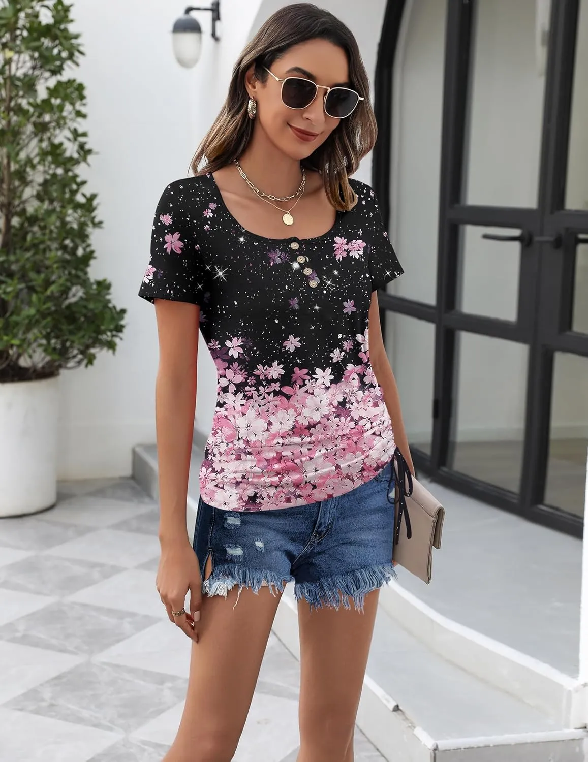 Womens Tops Short Sleeve Summer Henley Shirts