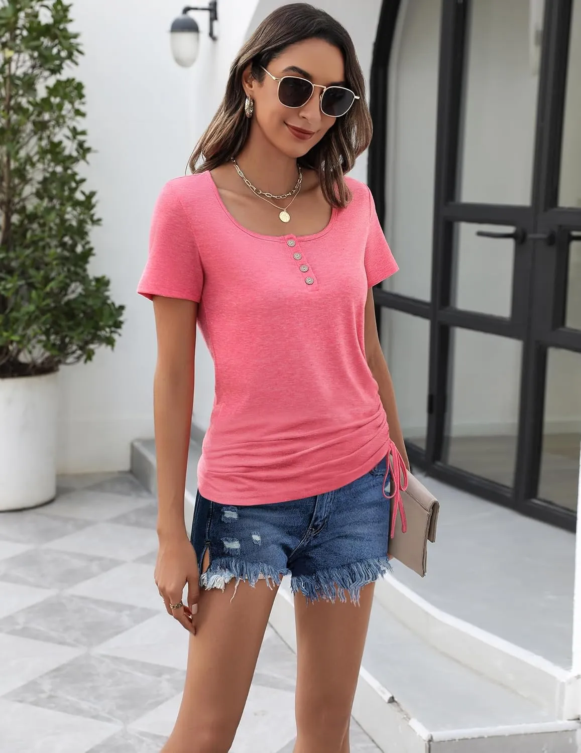 Womens Tops Short Sleeve Summer Henley Shirts