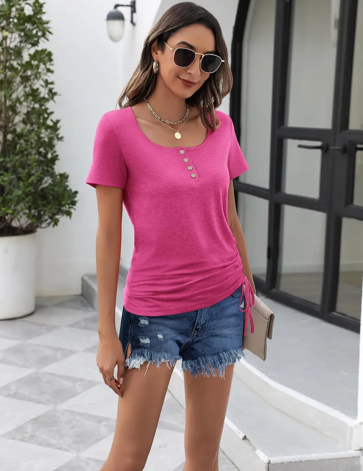 Womens Tops Short Sleeve Summer Henley Shirts
