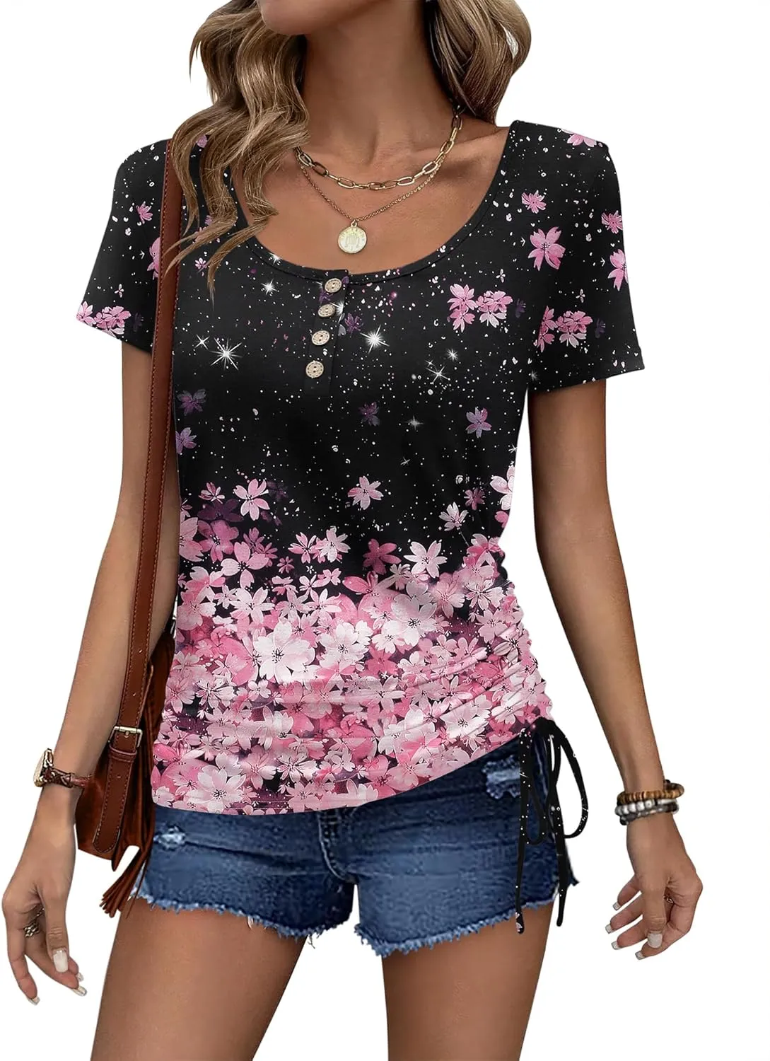 Womens Tops Short Sleeve Summer Henley Shirts